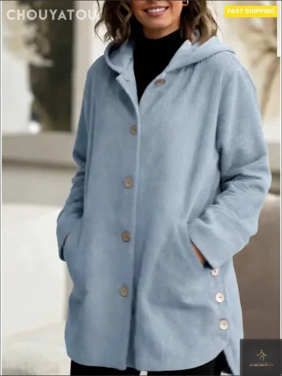 Corduroy Hooded Trench Coat Loose Fit Vintage Chic Casual Outerwear Jacket - Picture 7 of 7